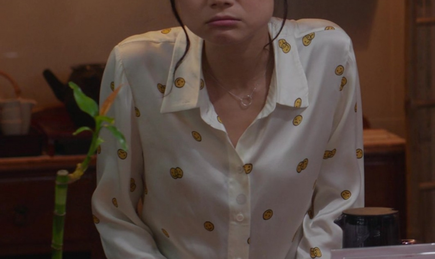 Silk Button-Up Shirt with Playful Smiley Face Pattern Worn by Shuang Hu as Lia