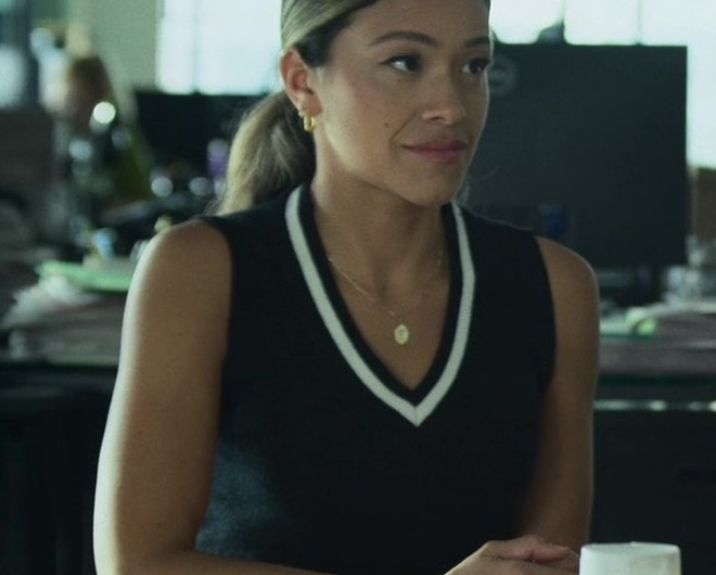 Black Sleeveless Knit Top with White V-Neck Collar Detail Worn by Gina Rodriguez as Mack