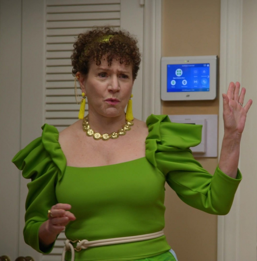Green Peplum Blouse with Ruffle Sleeves Worn by Susie Essman as Susie Greene from Curb Your Enthusiasm TV Show
