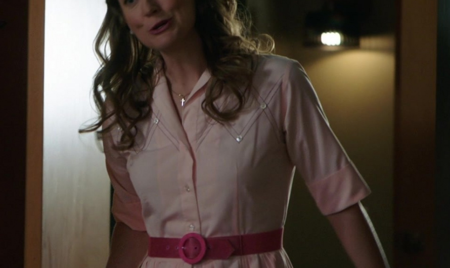 Pink Shirtwaist Midi Dress with Flared Skirt Worn by Zoe Perry as Mary Cooper (née Tucker)