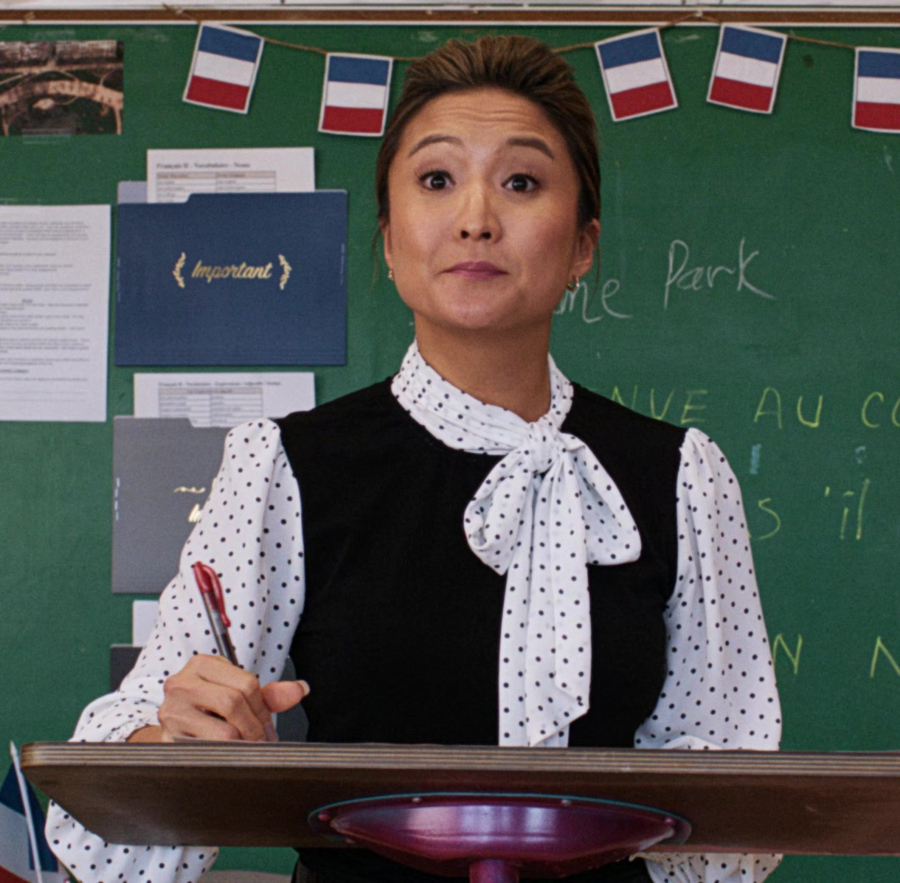 polka dot chiffon blouse with bow tie neckline and ruffle -  Ashley Park (Madame Park) - Mean Girls (2024) Movie