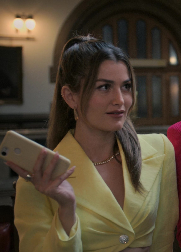 Bright Lemon Yellow Cropped Blazer with Crystal Button Worn by Rachel Matthews as Suzette from Upgraded (2024) Movie