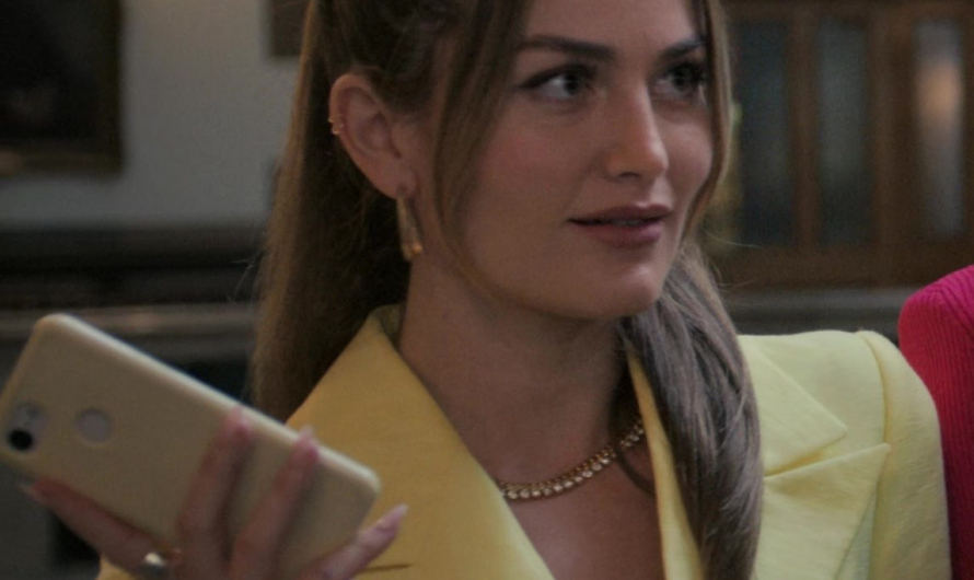 Bright Lemon Yellow Cropped Blazer with Crystal Button Worn by Rachel Matthews as Suzette