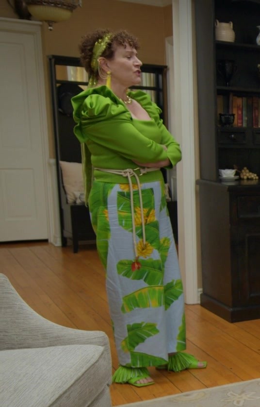 Tropical Banana Leaf Print Green and White Wide-Leg Trousers of Susie Essman as Susie Greene from Curb Your Enthusiasm TV Show