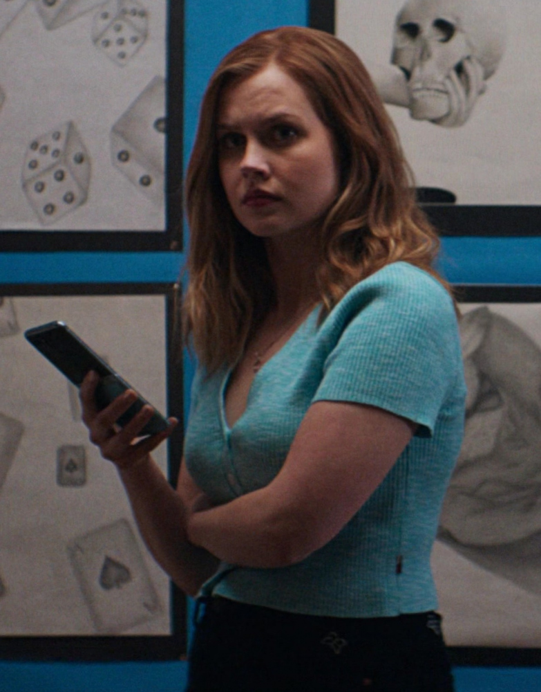 Blue Teal Short Sleeve Cropped V-Neck Cardigan Worn by Angourie Rice as Cady Heron