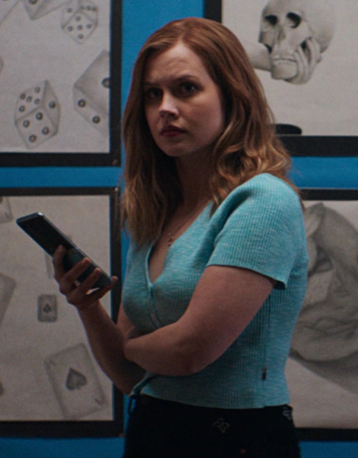 Blue Teal Short Sleeve Cropped V-Neck Cardigan Worn by Angourie Rice as Cady Heron