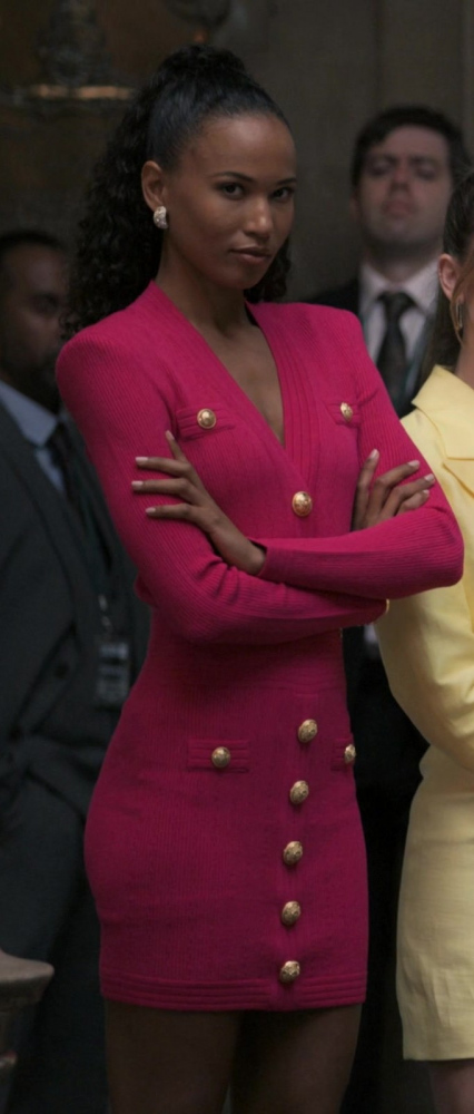 pink long sleeve knit v-neck mini dress - Fola Evans-Akingbola (Renee) - Upgraded (2024) Movie