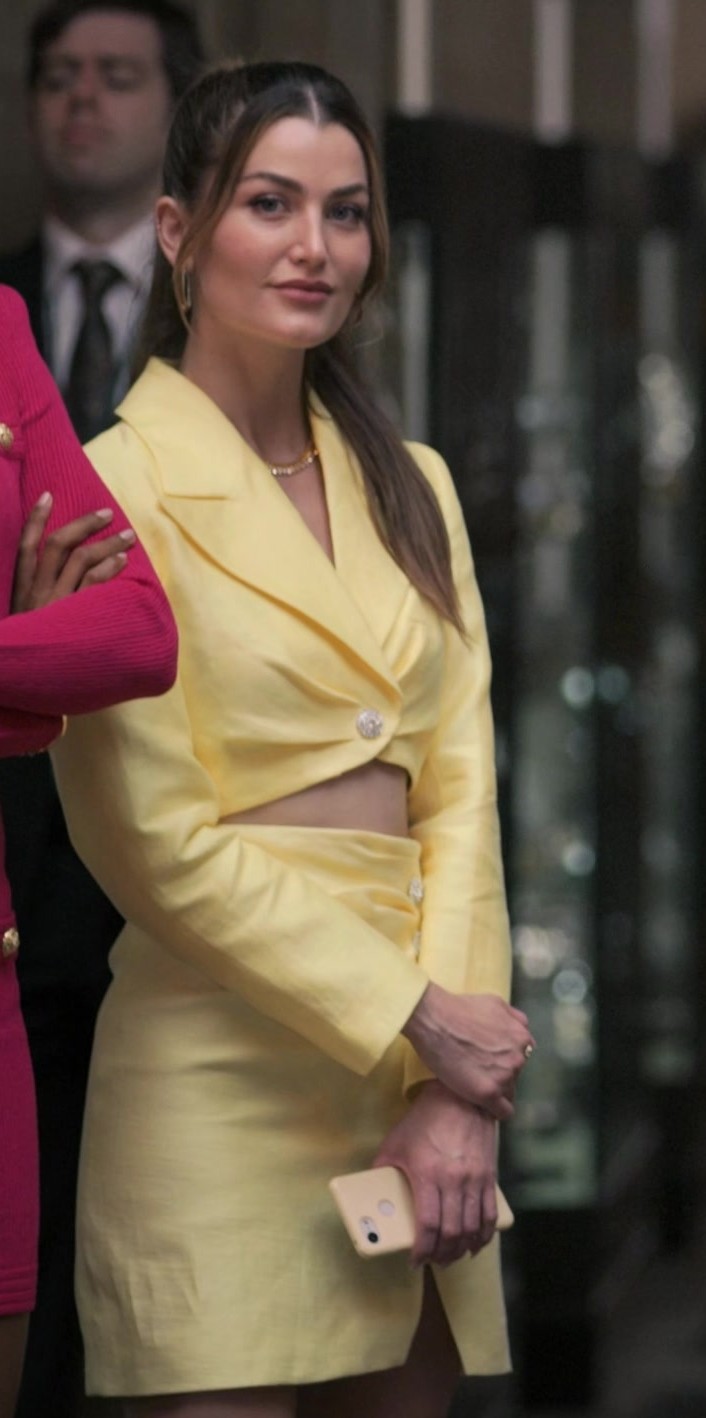 Worn on Upgraded (2024) Movie - Yellow High-Waisted Mini Skirt Worn by Rachel Matthews as Suzette