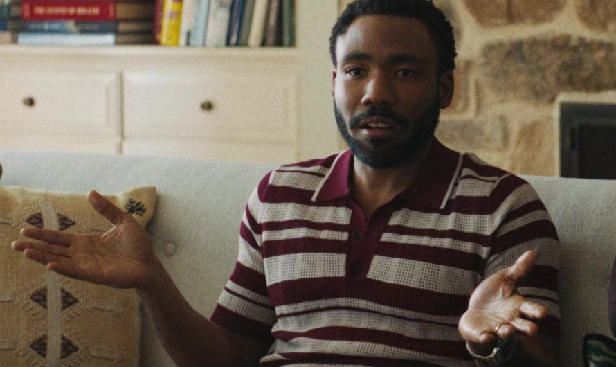 Burgundy and White Striped Knit Polo Shirt Worn by Donald Glover as John Smith