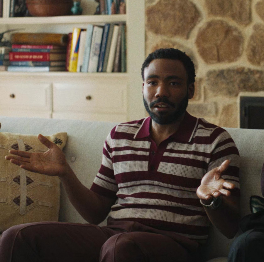 Burgundy and White Striped Knit Polo Shirt Worn by Donald Glover as John Smith