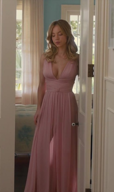 Blush Pink V-Neck Chiffon Maxi Dress of Sydney Sweeney as Bea from Anyone But You (2023) Movie