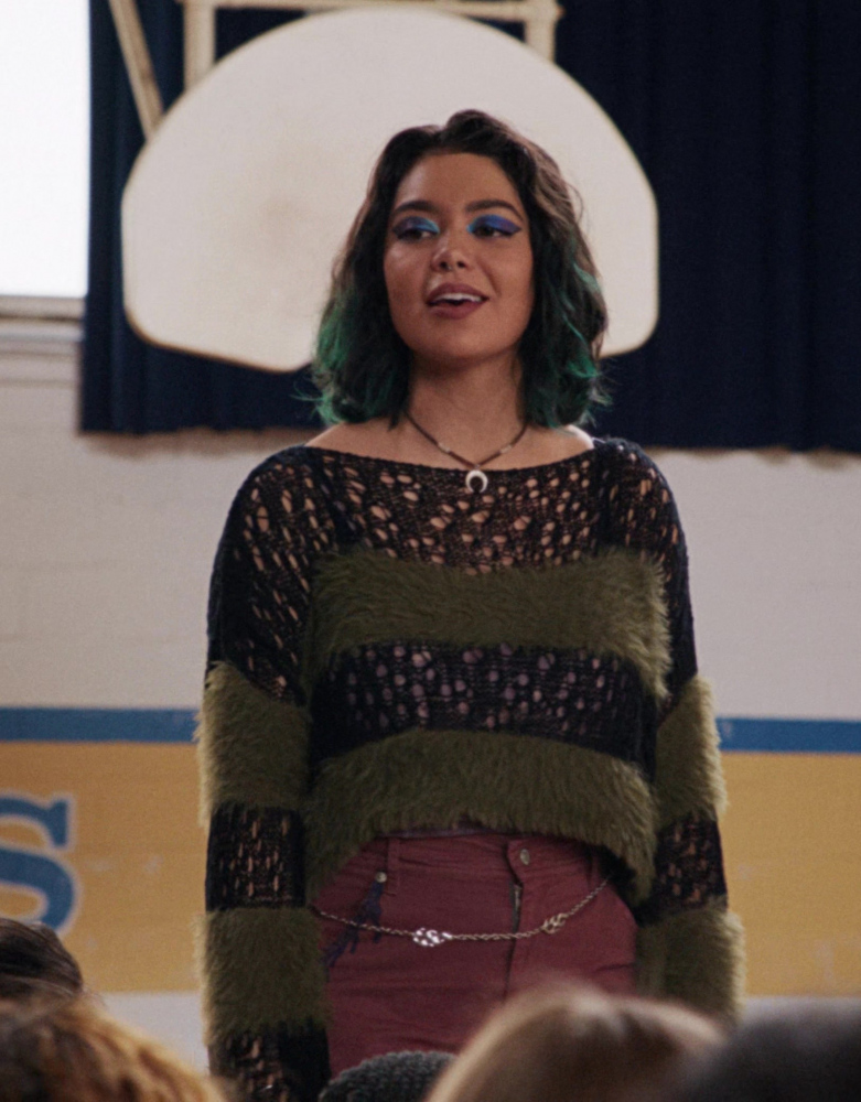 striped distressed fuzzy bell sleeve knitted top - Auliʻi Cravalho (Janis 'Imi'ike) - Mean Girls (2024) Movie