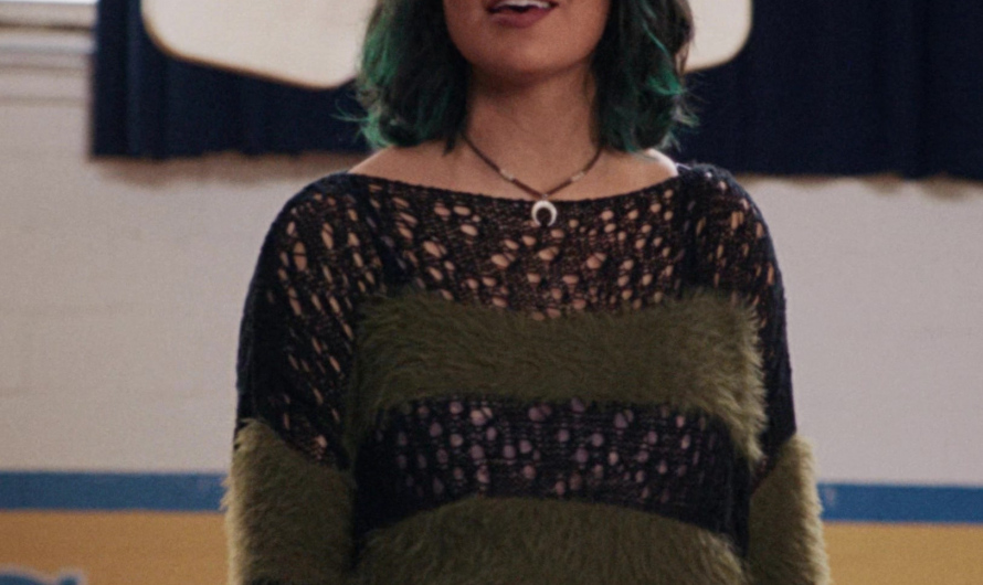 Striped Distressed Fuzzy Bell Sleeve Knitted Top Worn by Auliʻi Cravalho as Janis ‘Imi’ike