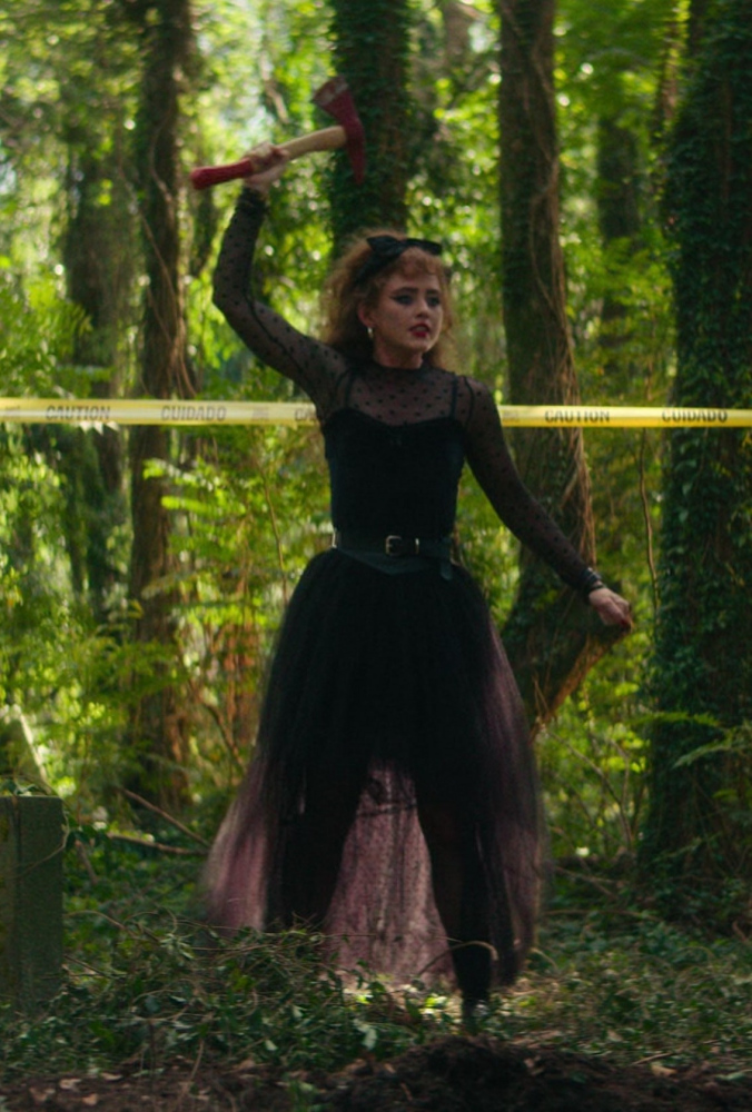 black tulle dress with sheer polka dot sleeves and belted waist - Kathryn Newton (Lisa Swallows) - Lisa Frankenstein (2024) Movie