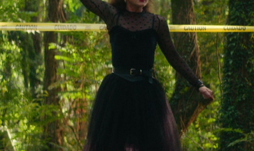 Black Tulle Dress with Sheer Polka Dot Sleeves and Belted Waist of Kathryn Newton as Lisa Swallows