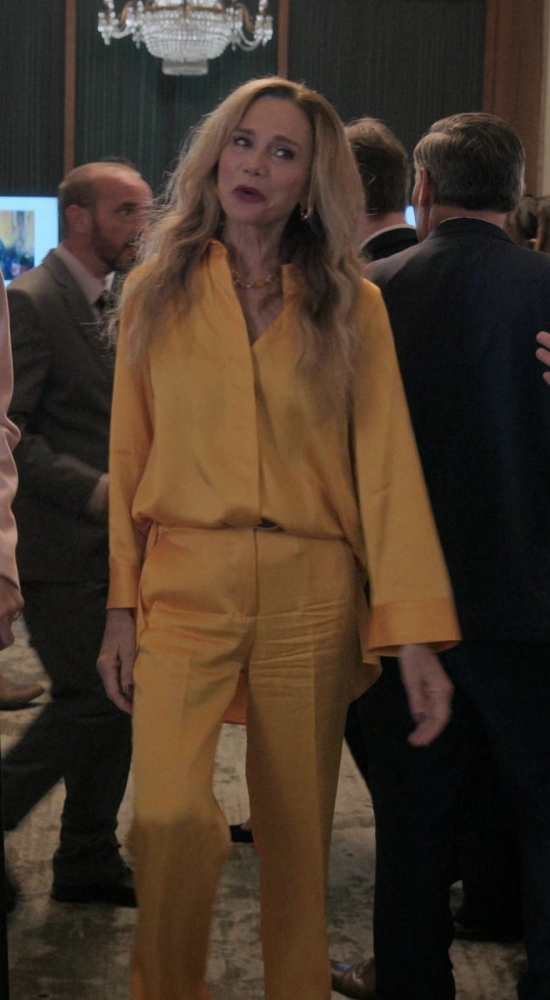 Mustard Yellow Silk Blouse Shirt of Lena Olin as Catherine Laroche from Upgraded (2024) Movie
