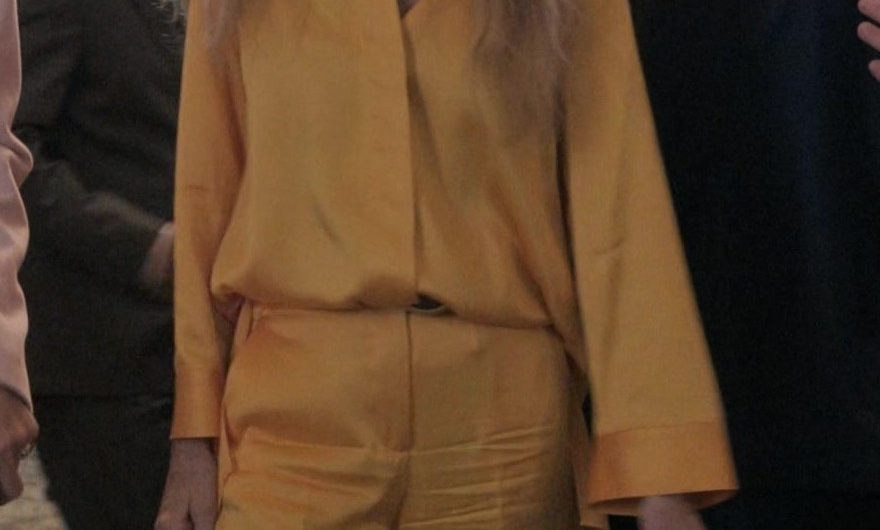 Mustard Yellow Silk Blouse Shirt of Lena Olin as Catherine Laroche