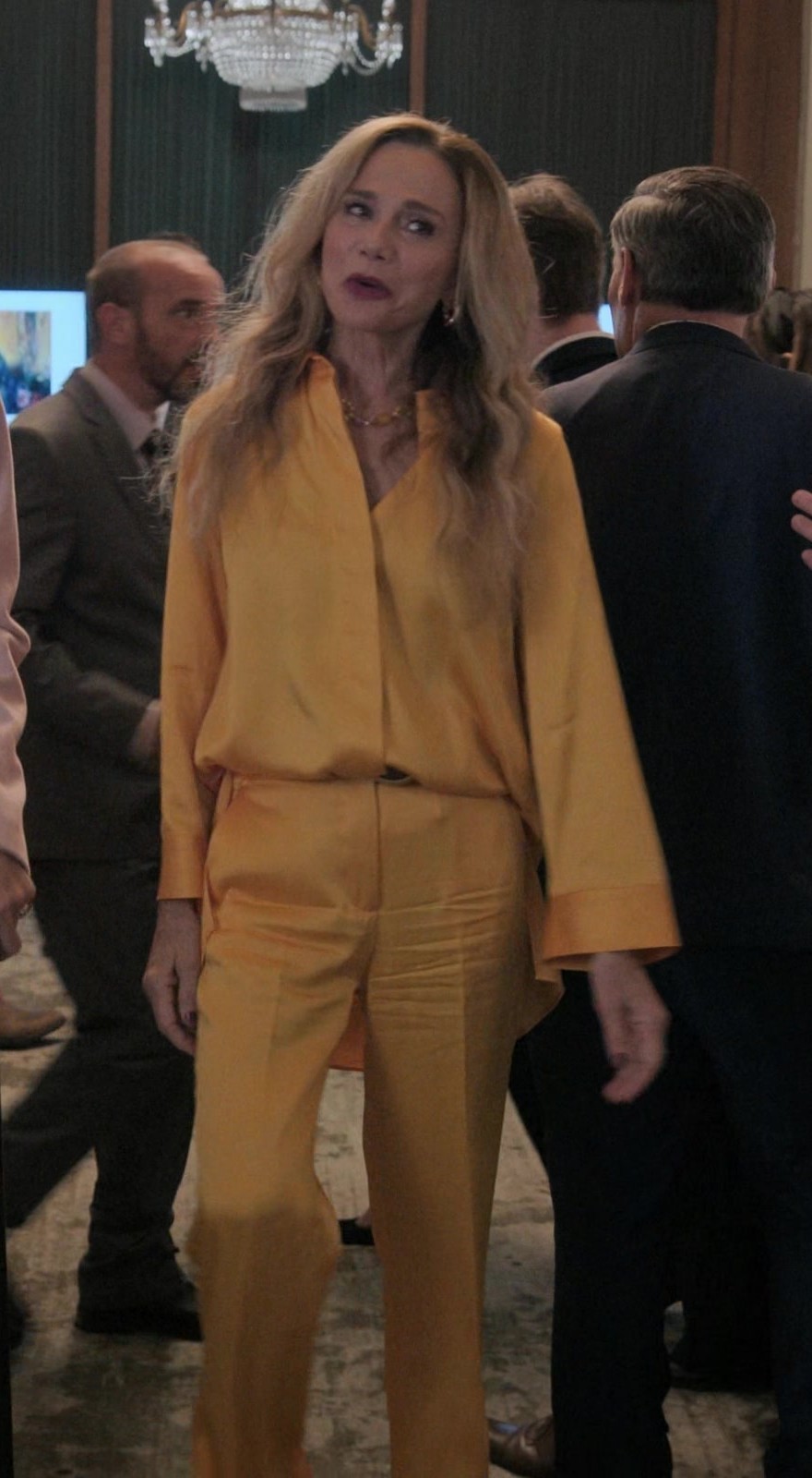 Worn on Upgraded (2024) Movie - Mustard Yellow Silk Blouse Shirt of Lena Olin as Catherine Laroche