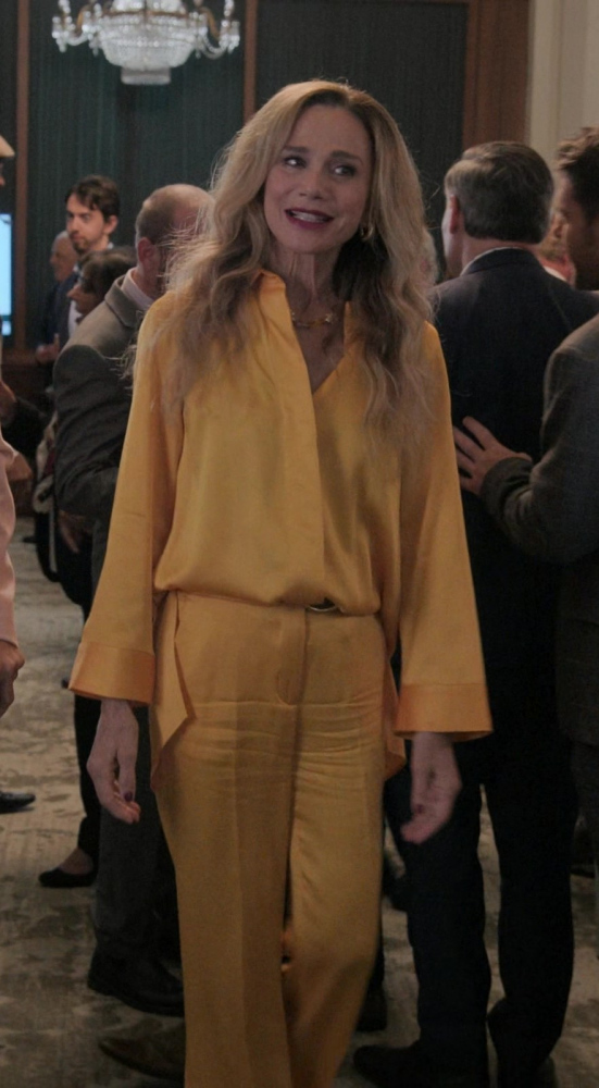 mustard dress pants - Lena Olin (Catherine Laroche) - Upgraded (2024) Movie