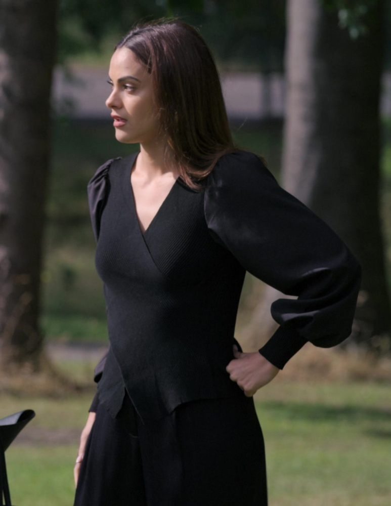 Black Peplum Top with Ribbed Texture and Statement Sleeves of Camila Mendes as Ana from Upgraded (2024) Movie