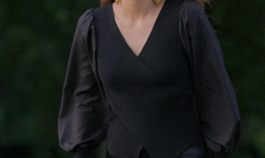 V-Neck Jumper with Long Balloon Sleeves Worn by Camila Mendes as Ana