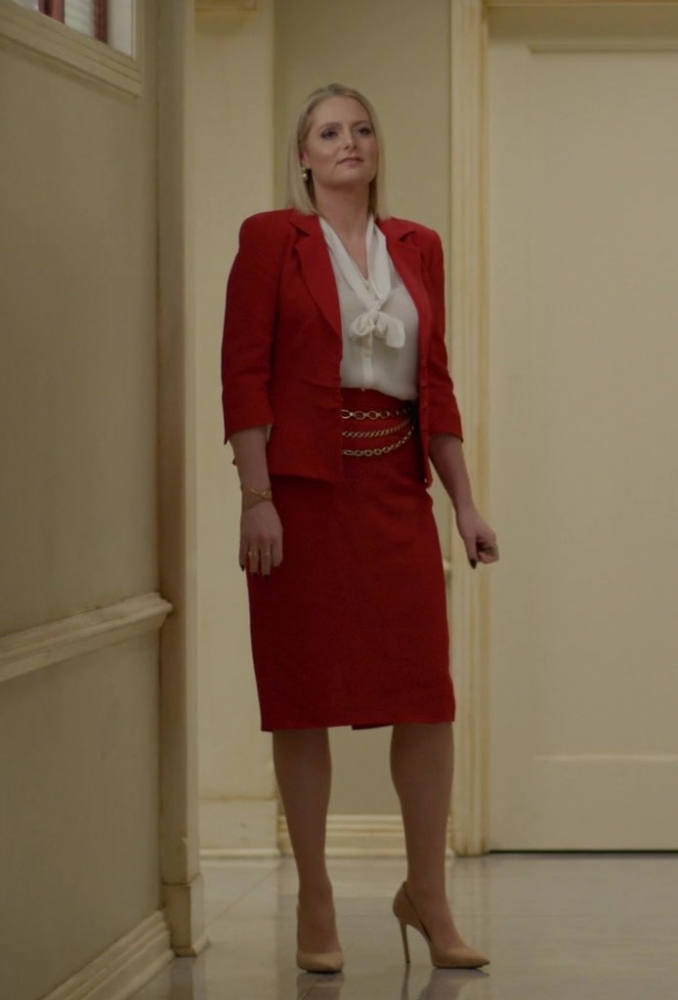 Red Knee-Length Skirt with Tailored Fit of Lauren Ash as Lexi from Not Dead Yet TV Show