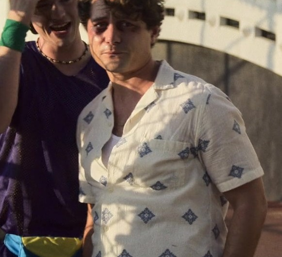 White Cotton Shirt with Blue Geometric Patterns Worn by Augustus Prew as Brannagan