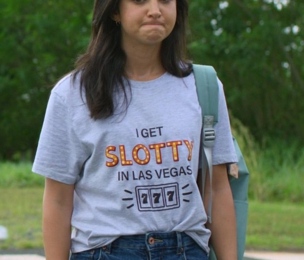 I Get Slotty in Las Vegas 777 Print T-Shirt Worn by Libe Barer as Americ