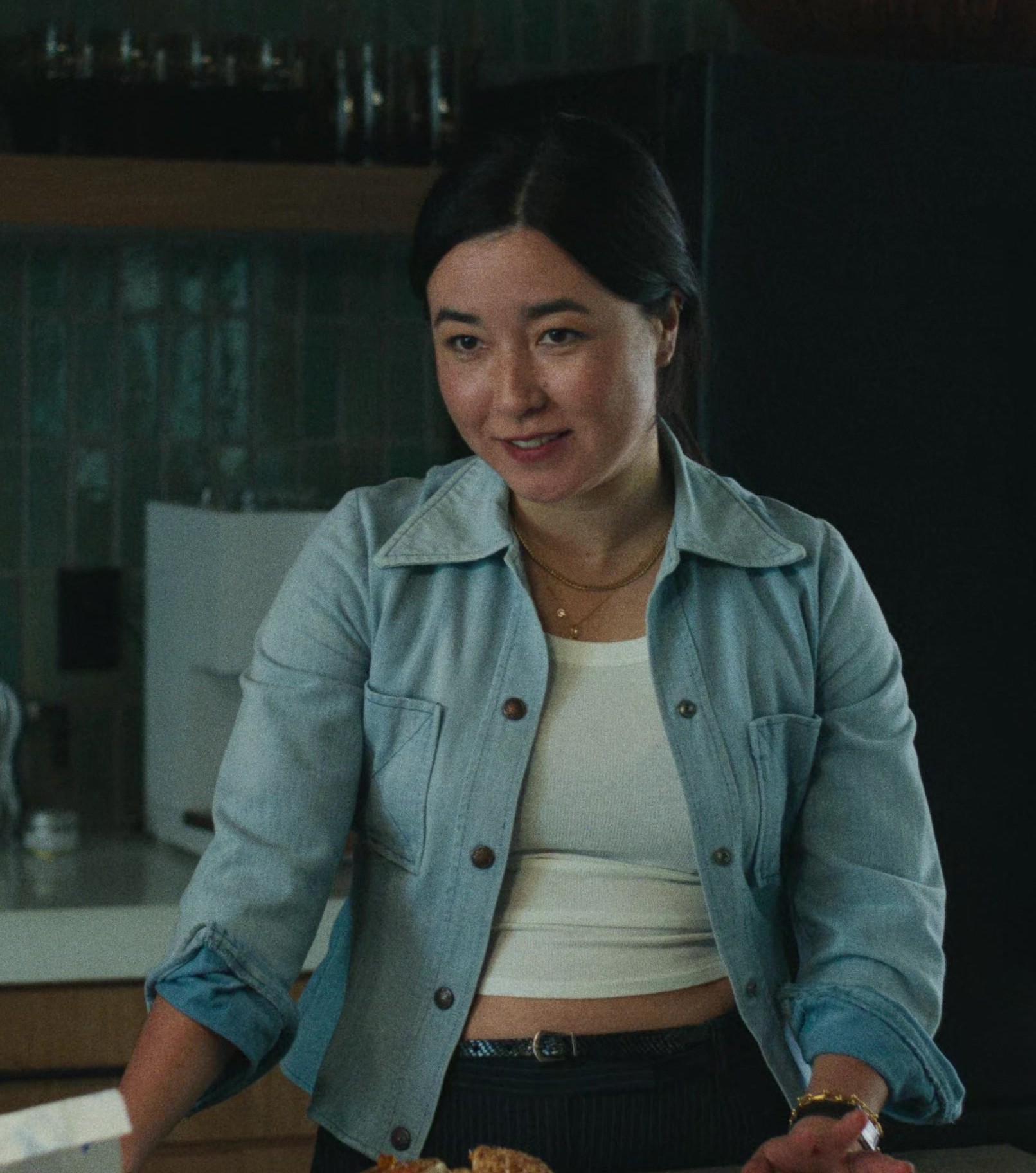 Casual Light Blue Cropped Jean Shirt Worn by Maya Erskine as Jane Smith