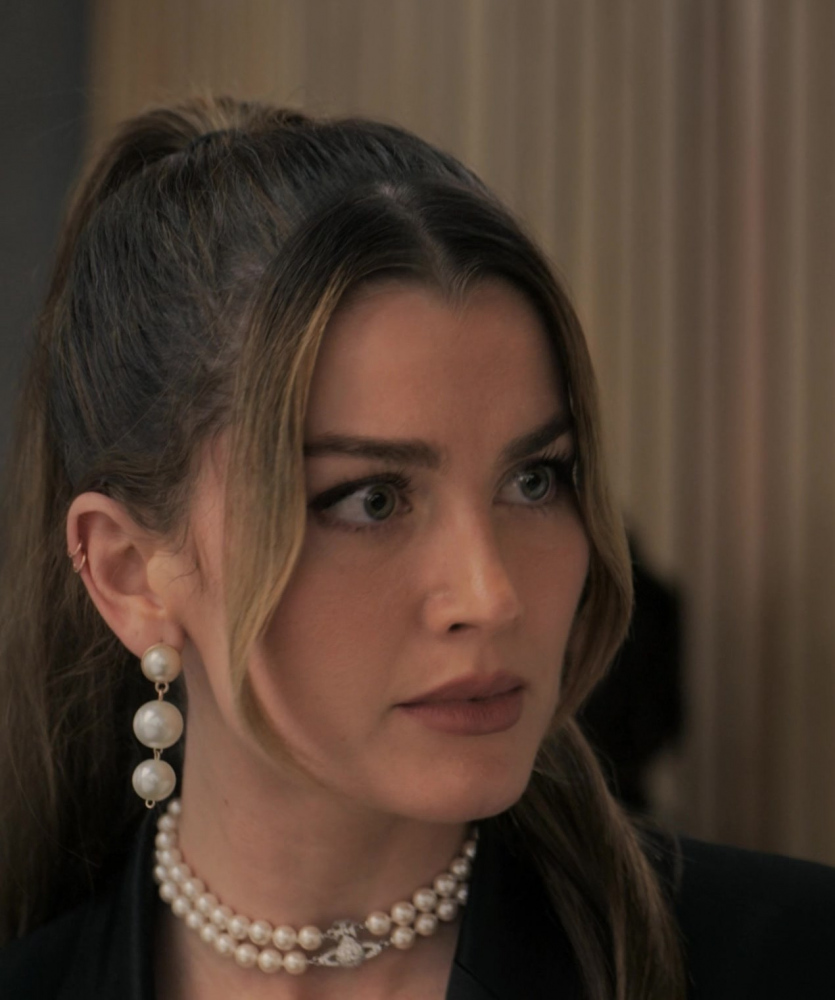 Triple Pearl Drop Earrings of Rachel Matthews as Suzette from Upgraded (2024) Movie
