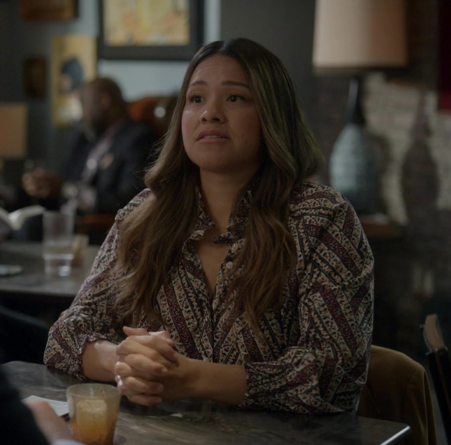 Long Sleeve Button-Up Shirt with Rich Tribal Paisley Design of Gina Rodriguez as Nell Serrano from Not Dead Yet TV Show