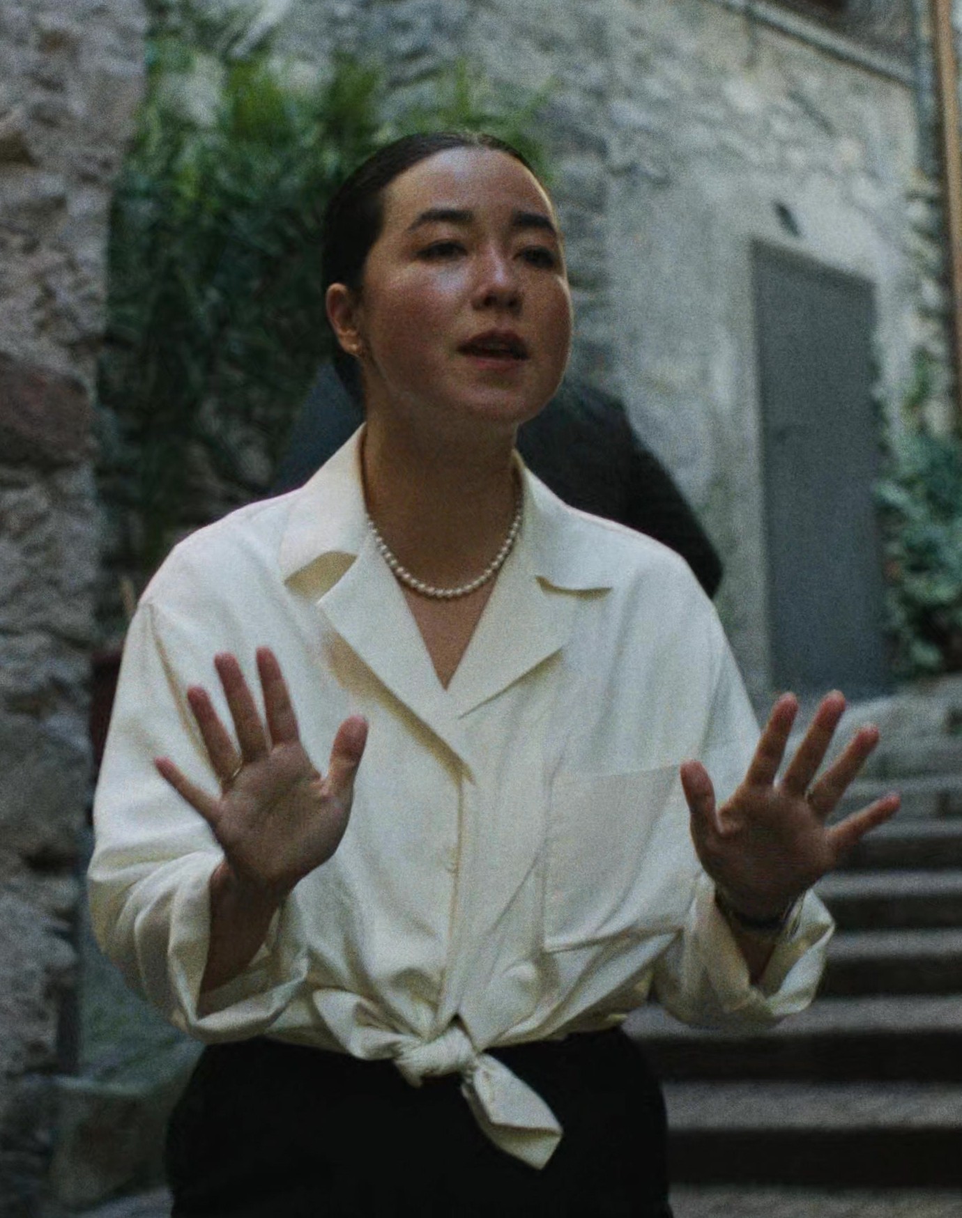 Ivory Tie-Front Shirt of Maya Erskine as Jane Smith