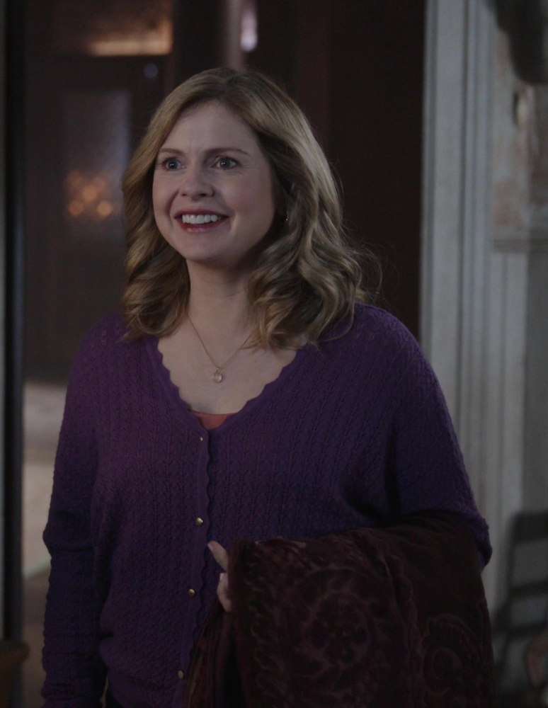 purple v-neck button-up cardigan sweater - Rose McIver (Samantha “Sam” Arondekar) - Ghosts TV Show