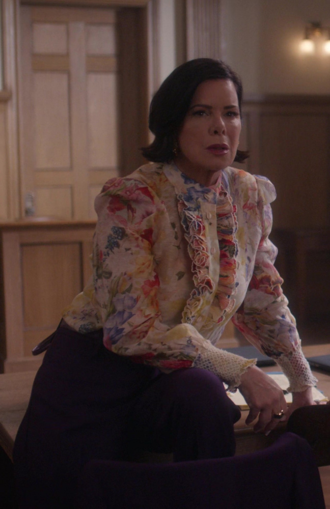 Floral Print Blouse with Long Blouson Sleeves with Gathered Cuffs Worn by Marcia Gay Harden as Margaret