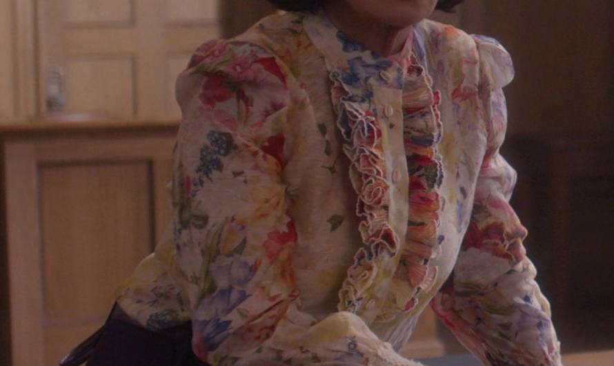 Floral Print Blouse with Long Blouson Sleeves with Gathered Cuffs Worn by Marcia Gay Harden as Margaret