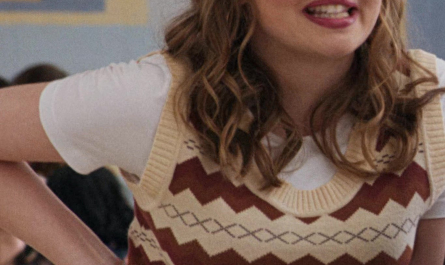 Brown and Beige with Ribbed Trim Zigzag Pattern Knit Vest Worn by Bebe Wood as Gretchen Wieners