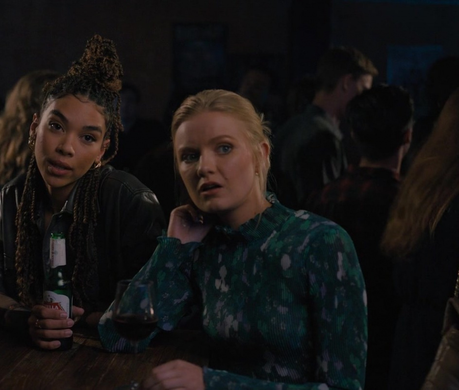Floral Pattern Long Sleeve Top with Ruffle Neck Detail Worn by Hadley Robinson as Halle from Anyone But You (2023) Movie