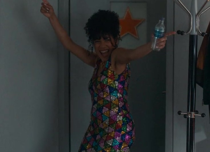 Sparkling Multicolor Sequin Party Dress Worn by Rebekah Murrell as Suki