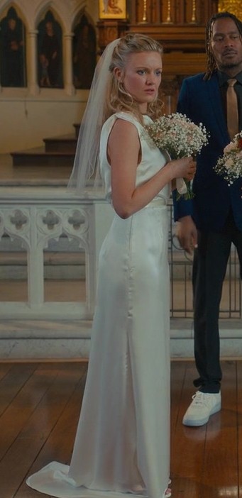 Timeless Satin Bridal Dress of Hadley Robinson as Halle from Anyone But You (2023) Movie