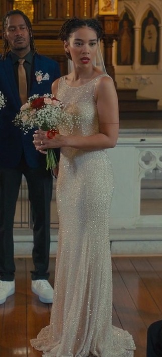 sparkling sequin embellished bridal gown - Alexandra Shipp (Claudia) - Anyone But You (2023) Movie