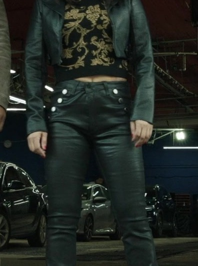 Black Leather Cropped Moto Jacket Worn by Liza Lapira as Melody (Mel) Bayani