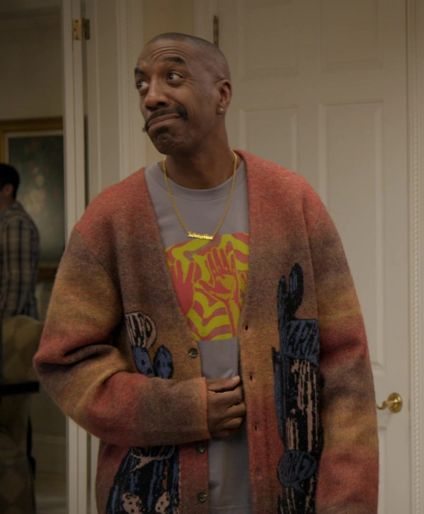 Autumn Hues Abstract Print Wool Blend Cardigan Worn by J. B. Smoove as Leon Black from Curb Your Enthusiasm TV Show