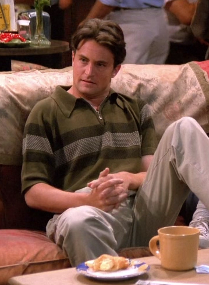 Casual Forest Green Striped Rugby Shirt of Matthew Perry as Chandler Bing
