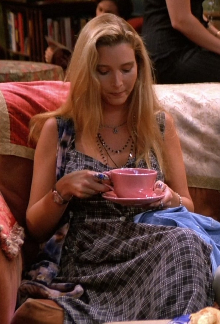 Charcoal and Navy Tartan Plaid Sleeveless Maxi Dress Worn by Lisa Kudrow as Phoebe Buffay