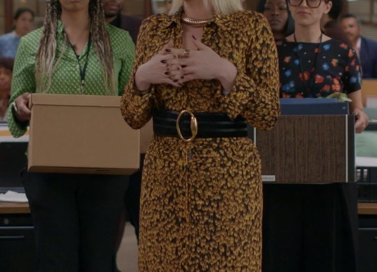 Golden Ochre Feather Long Sleeve Button-front Maxi Dress Worn by Lauren Ash as Lexi