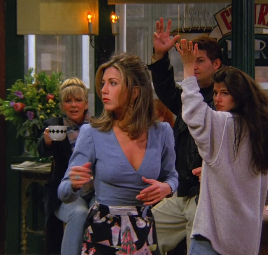 blue wrap top with a plunging v-neck and long sleeves - Jennifer Aniston (Rachel Green) - Friends TV Show