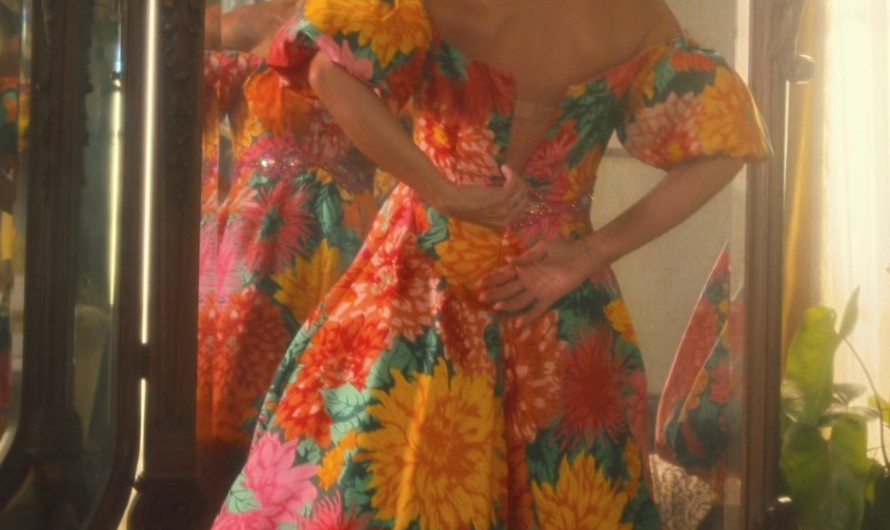Off-Shoulder Maxi Dress with Lush Floral Print Worn by Kristen Wiig as Maxine Simmons