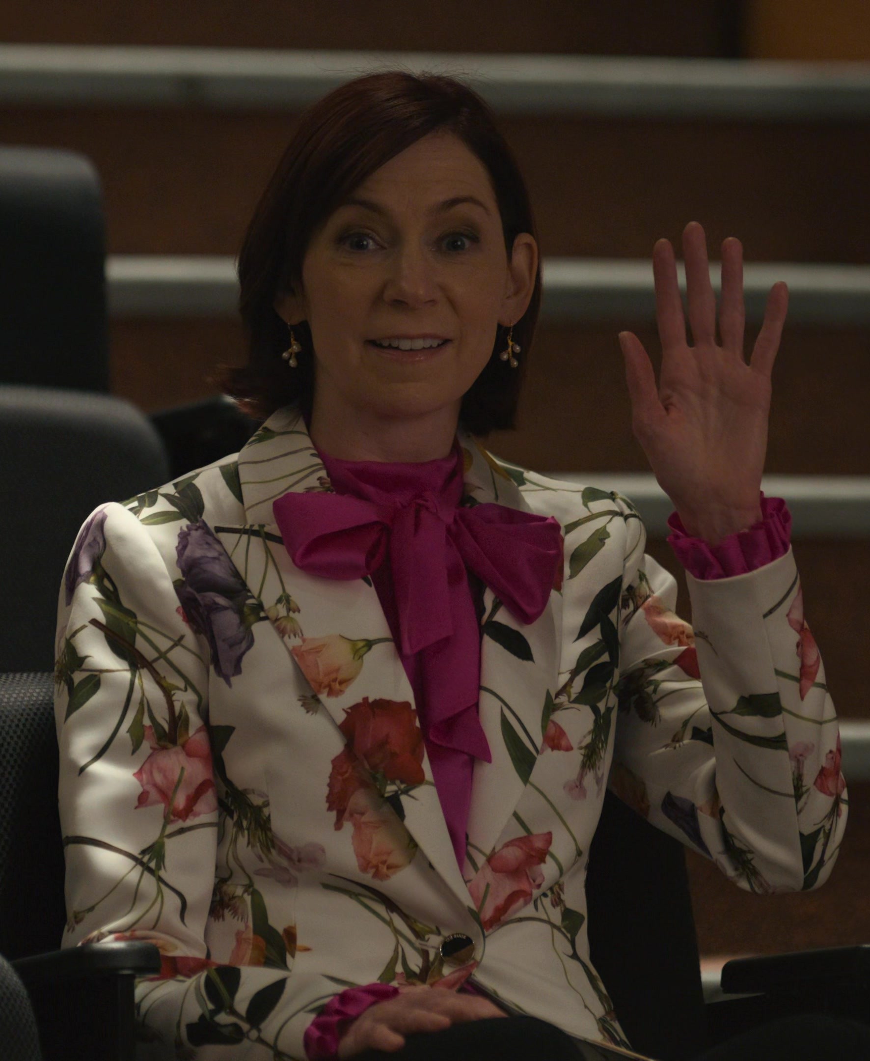 White Floral Patterned Blazer Worn by Carrie Preston as Elsbeth Tascioni