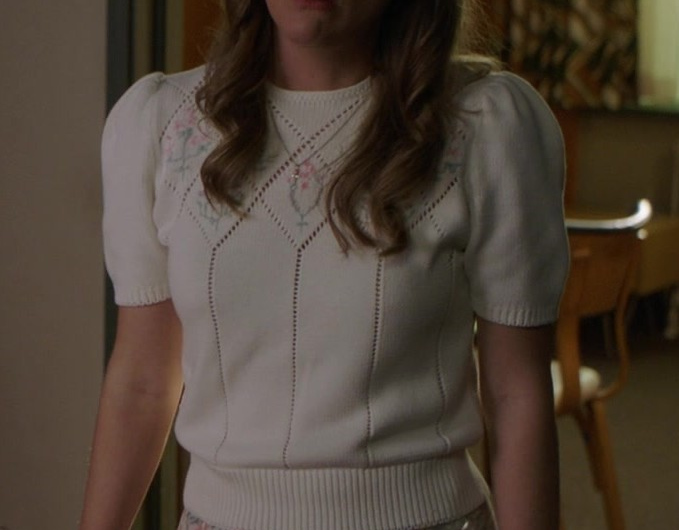 White Floral Embroidered Sweater with Short Sleeves Worn by Zoe Perry as Mary Cooper (née Tucker)