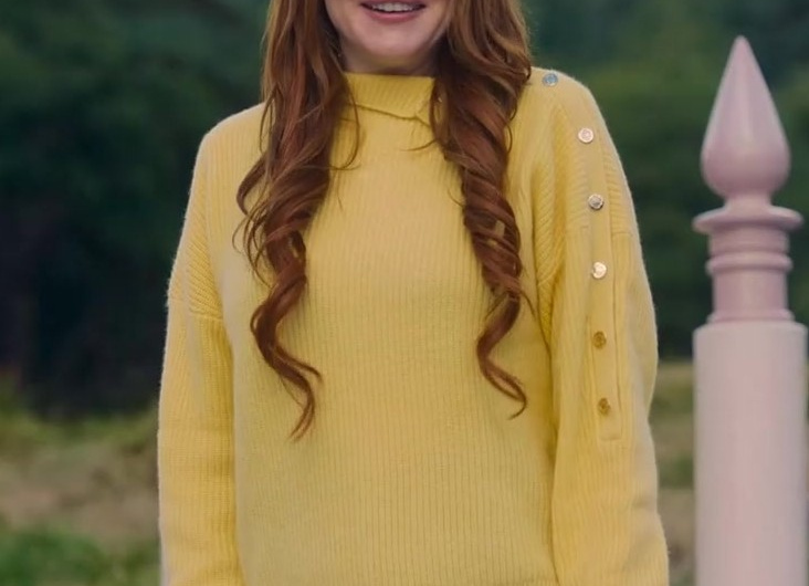 Yellow Chunky Knit Sweater with Unique Arm Button Embellishments of Lindsay Lohan as Madeline “Maddie” Kelly
